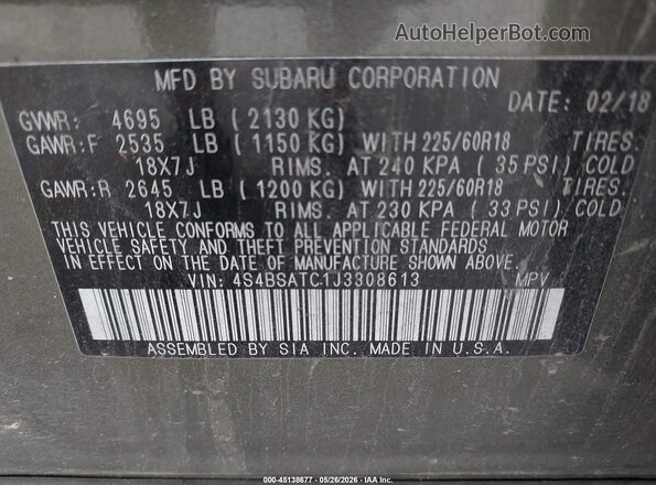 4S4BSATC1J3308613 2018 SUBARU OUTBACK Gray Вид підкапотного простору