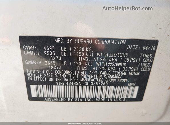 4S4BSATC8J3357260 2018 SUBARU OUTBACK White Widok komory silnika