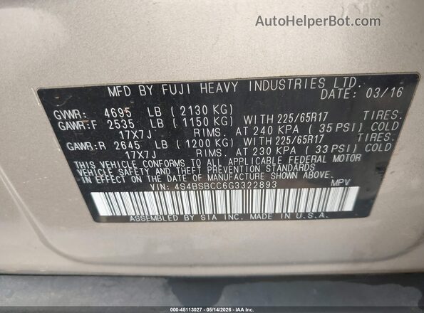 4S4BSBCC6G3322893 2016 SUBARU OUTBACK Silver ძრავის განყოფილების ხედი