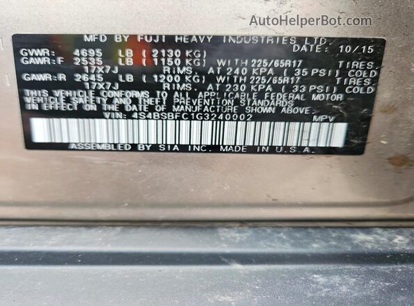 4S4BSBFC1G3240002 2016 SUBARU OUTBACK Tan VIN կոդի պիտակի տեսք