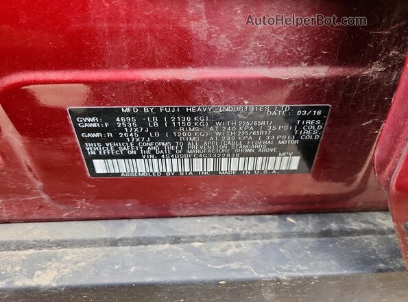 4S4BSBFC4G3322838 2016 SUBARU OUTBACK Burgundy Вид наклейки з VIN-кодом