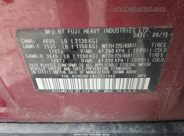 4S4BSBFC8G3232060 2016 SUBARU OUTBACK Red Вид підкапотного простору
