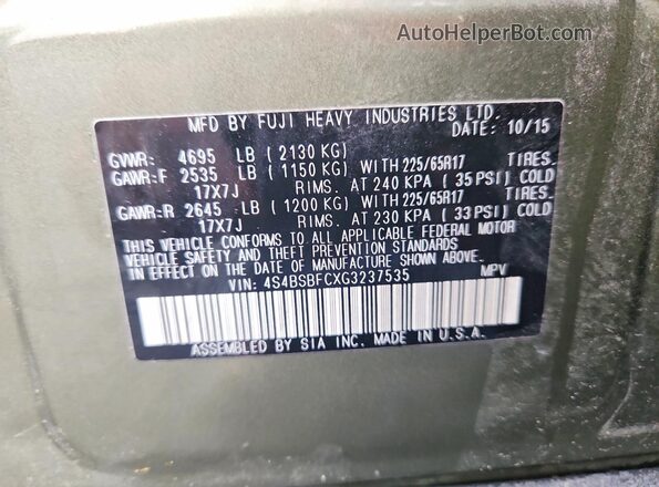 4S4BSBFCXG3237535 2016 SUBARU OUTBACK Зеленый Вид подкапотного пространства