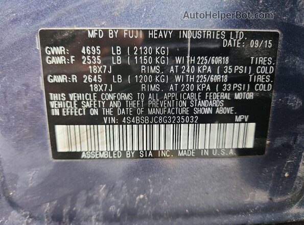 4S4BSBJC8G3235032 2016 SUBARU OUTBACK Blue Vista del compartimento del motor
