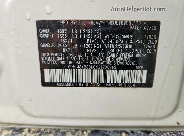 4S4BSBLCXG3200165 2016 SUBARU OUTBACK White Շարժիչի բաժամունքի տեսք