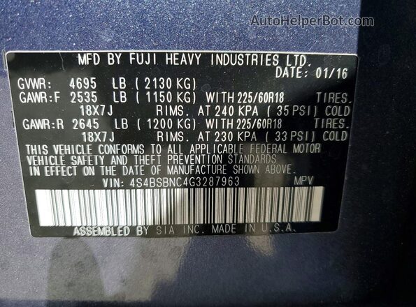 4S4BSBNC4G3287963 2016 SUBARU OUTBACK Blue 