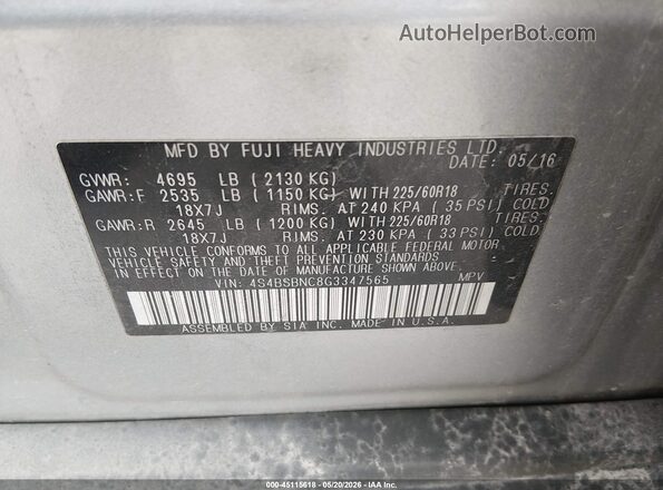4S4BSBNC8G3347565 2016 SUBARU OUTBACK Silver ძრავის განყოფილების ხედი