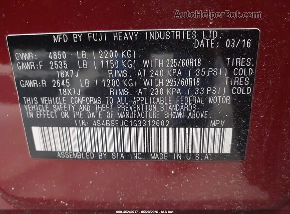 4S4BSEJC1G3312602 2016 SUBARU OUTBACK Red Engine compartment view