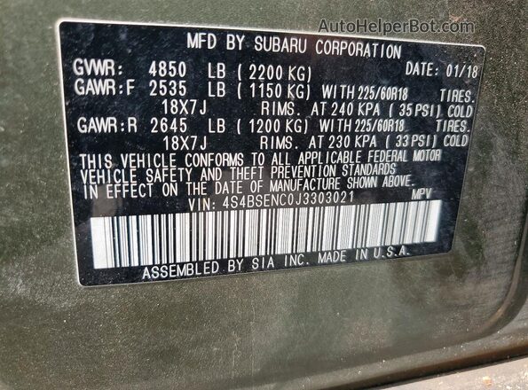 4S4BSENC0J3303021 2018 SUBARU OUTBACK Зеленый Вид наклейки с VIN-кодом