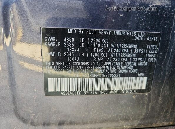 4S4BSENC1G3305921 2016 SUBARU OUTBACK Серый Вид наклейки с VIN-кодом