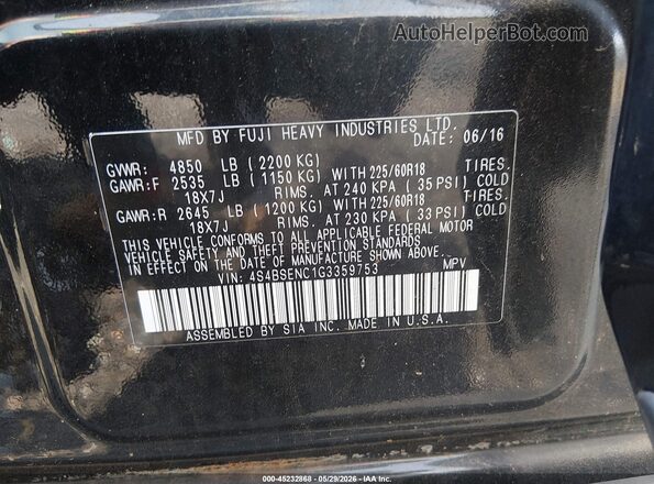 4S4BSENC1G3359753 2016 SUBARU OUTBACK Black ძრავის განყოფილების ხედი