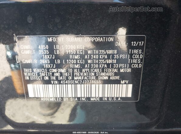 4S4BSENC2J3278655 2018 SUBARU OUTBACK Black Vista del compartimento del motor