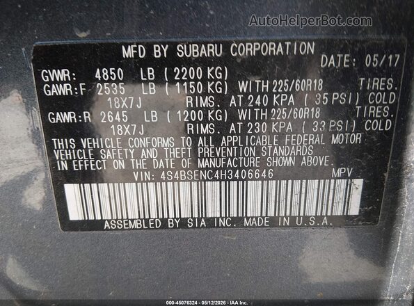4S4BSENC4H3406646 2017 SUBARU OUTBACK Blue Widok komory silnika
