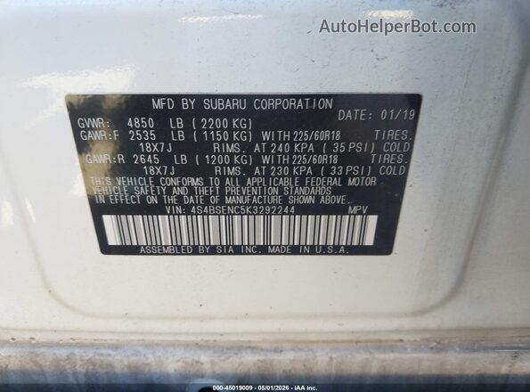 4S4BSENC5K3292244 2019 SUBARU OUTBACK White ძრავის განყოფილების ხედი