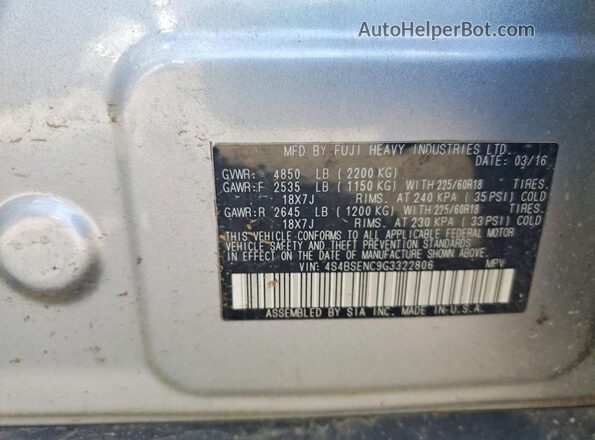 4S4BSENC9G3322806 2016 SUBARU OUTBACK Silver Vista del compartimento del motor