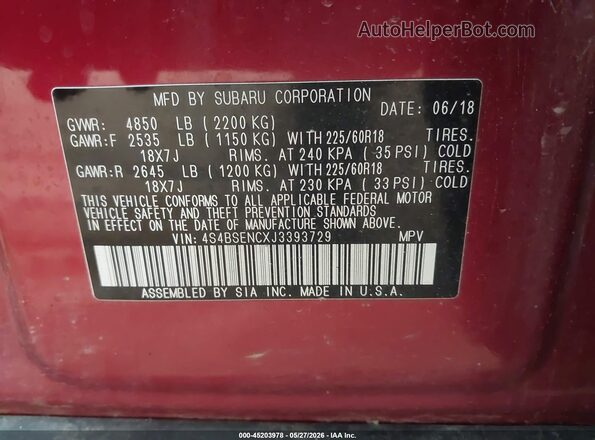 4S4BSENCXJ3393729 2018 SUBARU OUTBACK Красный Вид подкапотного пространства