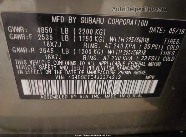 4S4BSETC4J3374919 2018 SUBARU OUTBACK Green Vista del compartimento del motor