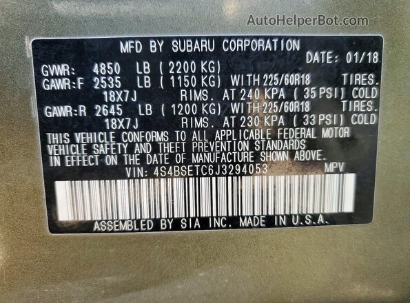 4S4BSETC6J3294053 2018 SUBARU OUTBACK Green 