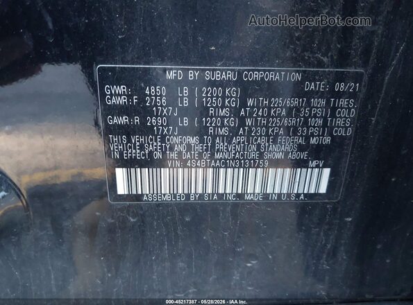 4S4BTAAC1N3131759 2022 SUBARU OUTBACK Black ძრავის განყოფილების ხედი