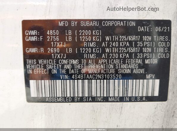 4S4BTAAC2N3103520 2022 SUBARU OUTBACK Белый Вид подкапотного пространства