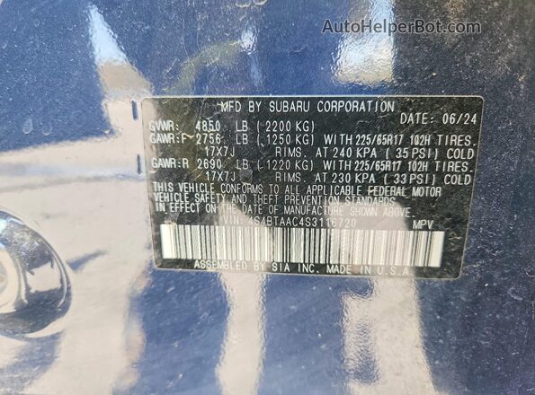 4S4BTAAC4S3116720 2025 SUBARU OUTBACK Blue Панорамний вид салону 360°