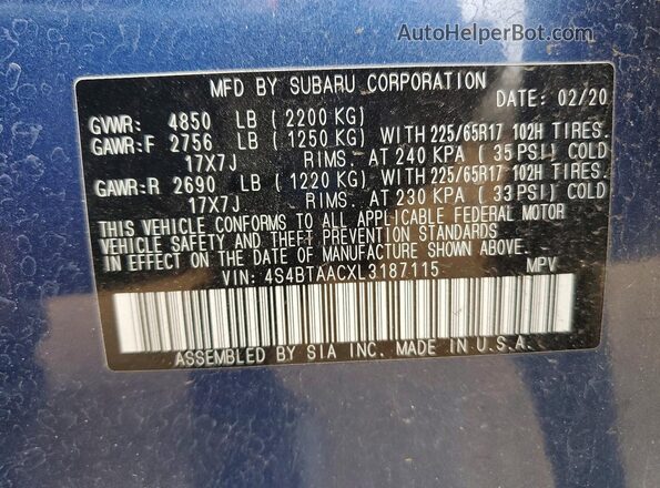 4S4BTAACXL3187115 2020 SUBARU OUTBACK Blue Vista del compartimento del motor