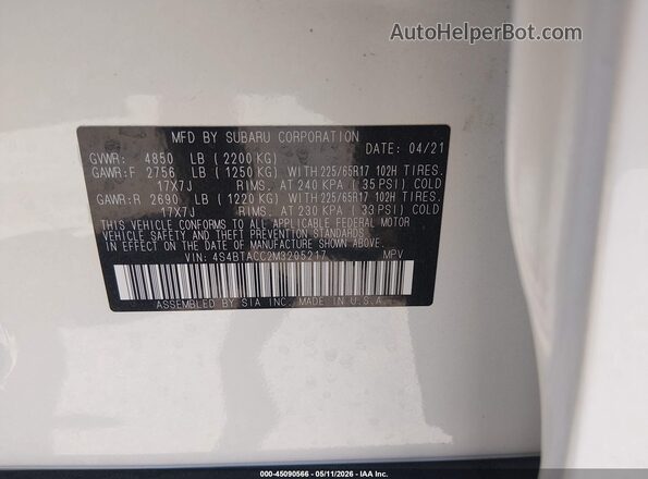 4S4BTACC2M3205217 2021 SUBARU OUTBACK Белый Вид наклейки с VIN-кодом
