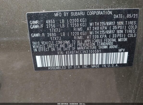 4S4BTACC3N3100591 2022 SUBARU OUTBACK Green ძრავის განყოფილების ხედი
