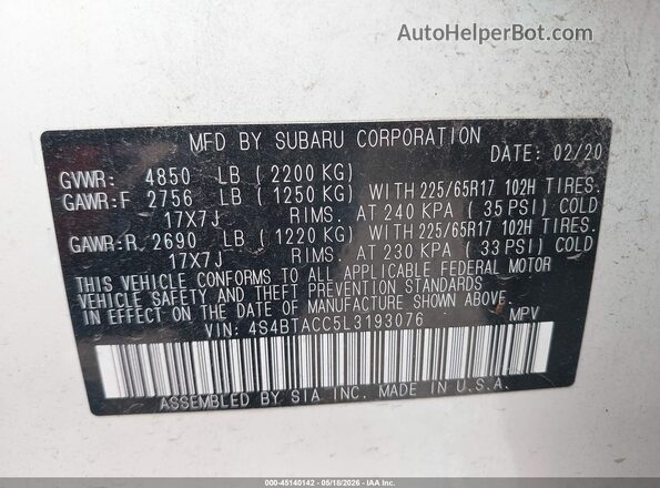 4S4BTACC5L3193076 2020 SUBARU OUTBACK White Engine compartment view