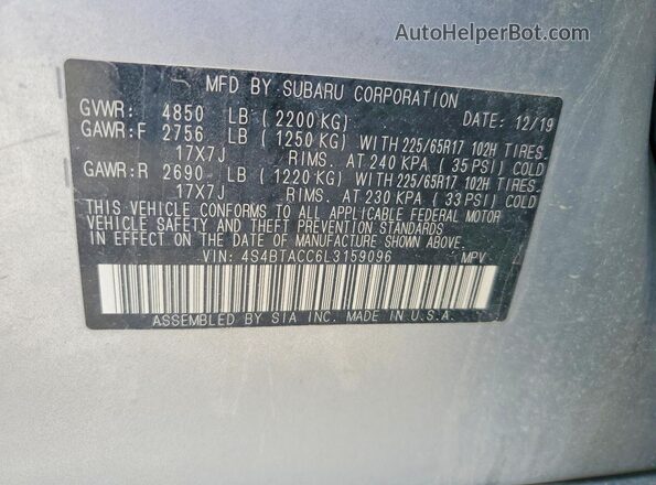 4S4BTACC6L3159096 2020 SUBARU OUTBACK Silver 