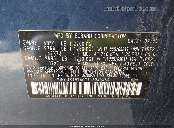 4S4BTACC7L3240480 2020 SUBARU OUTBACK Синий Вид подкапотного пространства