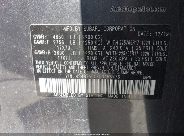 4S4BTACC8L3155776 2020 SUBARU OUTBACK Серый Вид подкапотного пространства