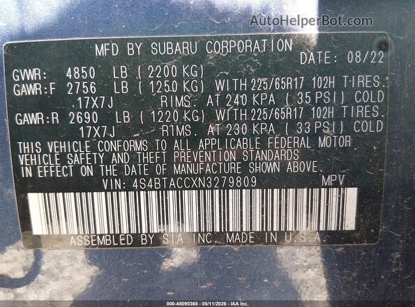 4S4BTACCXN3279809 2022 SUBARU OUTBACK Dark Blue Widok komory silnika