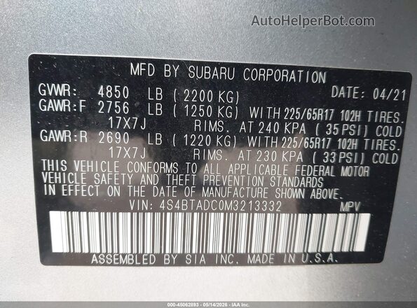 4S4BTADC0M3213332 2021 SUBARU OUTBACK Silver ძრავის განყოფილების ხედი