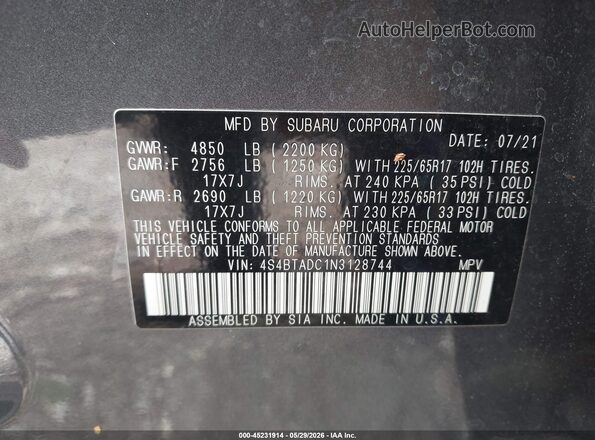 4S4BTADC1N3128744 2022 SUBARU OUTBACK Gray Widok komory silnika