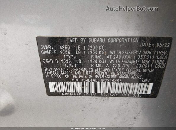 4S4BTADC1N3244882 2022 SUBARU OUTBACK Серебряный Вид подкапотного пространства