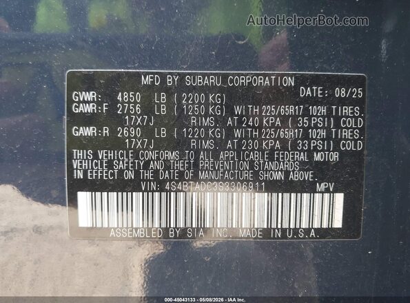 4S4BTADC3S3306911 2025 SUBARU OUTBACK Blue Շարժիչի բաժամունքի տեսք