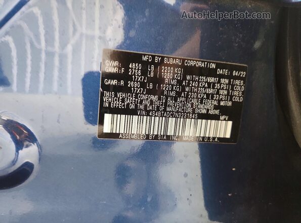 4S4BTADC7N3231845 2022 SUBARU OUTBACK Blue ძრავის განყოფილების ხედი