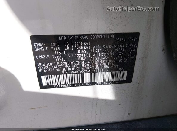 4S4BTADC9M3141451 2021 SUBARU OUTBACK White Vista del compartimento del motor