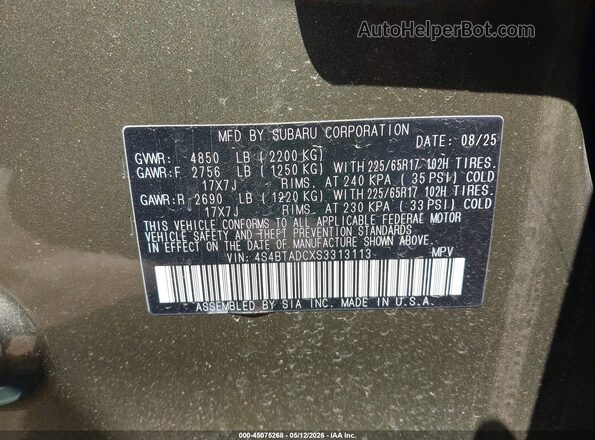 4S4BTADCXS3313113 2025 SUBARU OUTBACK Green Вид підкапотного простору
