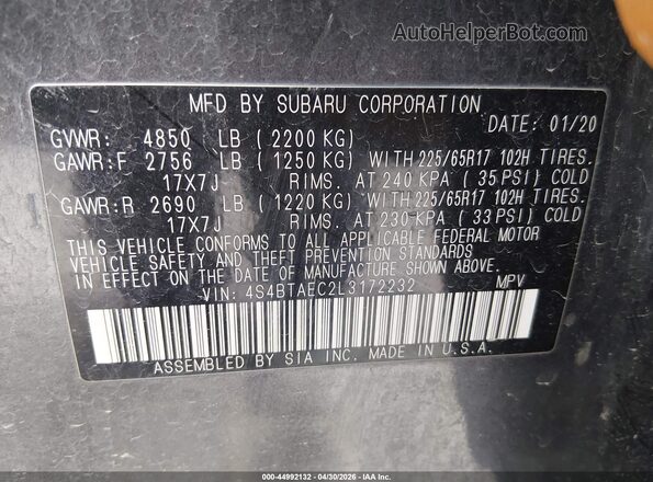 4S4BTAEC2L3172232 2020 SUBARU OUTBACK Серый Вид подкапотного пространства