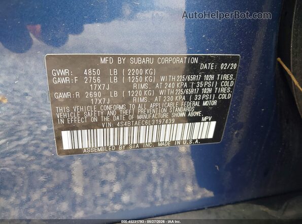4S4BTAEC6L3197439 2020 SUBARU OUTBACK Blue Вид підкапотного простору