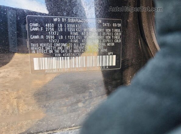 4S4BTAEC8L3201040 2020 SUBARU OUTBACK Black VIN կոդի պիտակի տեսք