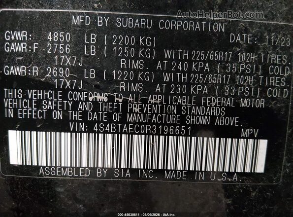 4S4BTAFC0R3196651 2024 SUBARU OUTBACK Black ძრავის განყოფილების ხედი