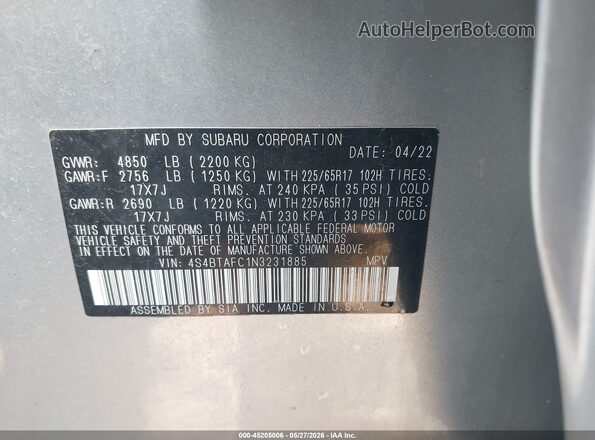 4S4BTAFC1N3231885 2022 SUBARU OUTBACK Silver Engine compartment view