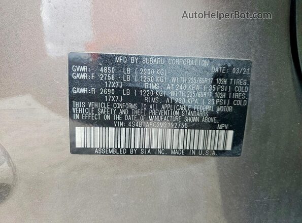 4S4BTAFC2M3192755 2021 SUBARU OUTBACK Tan VIN კოდის სტიკერის ხედი