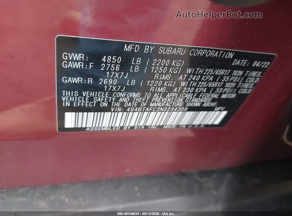 4S4BTAFC2N3234309 2022 SUBARU OUTBACK Red Շարժիչի բաժամունքի տեսք