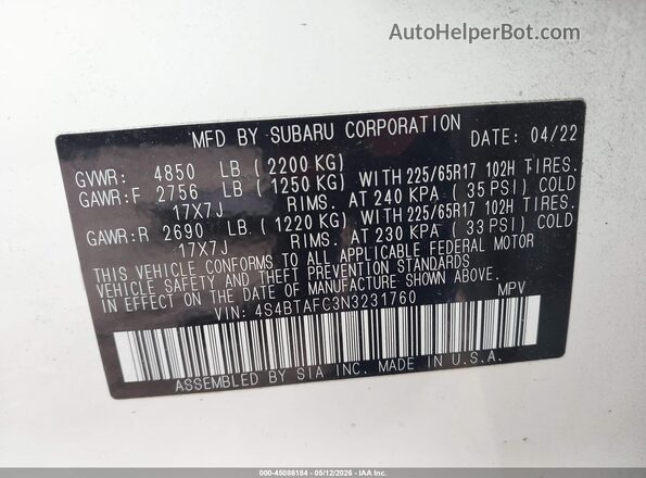4S4BTAFC3N3231760 2022 SUBARU OUTBACK White Widok komory silnika