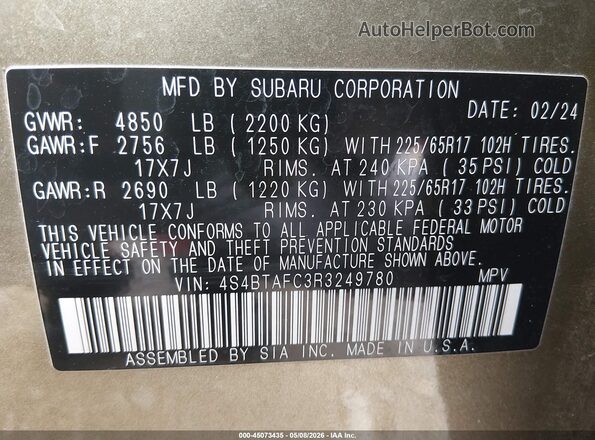 4S4BTAFC3R3249780 2024 SUBARU OUTBACK Green Engine compartment view