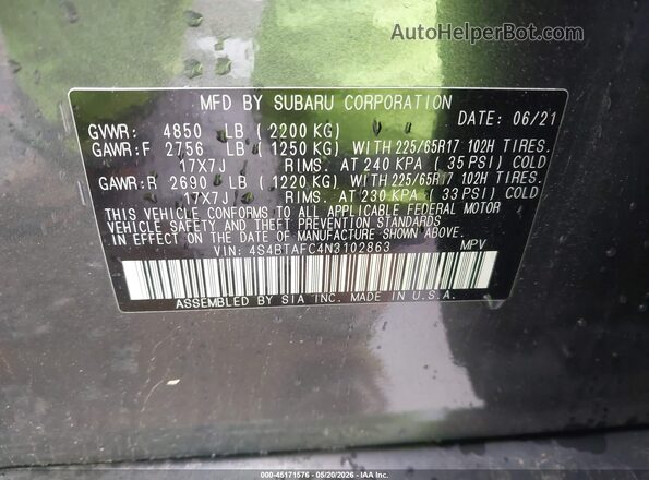 4S4BTAFC4N3102863 2022 SUBARU OUTBACK Gray Շարժիչի բաժամունքի տեսք